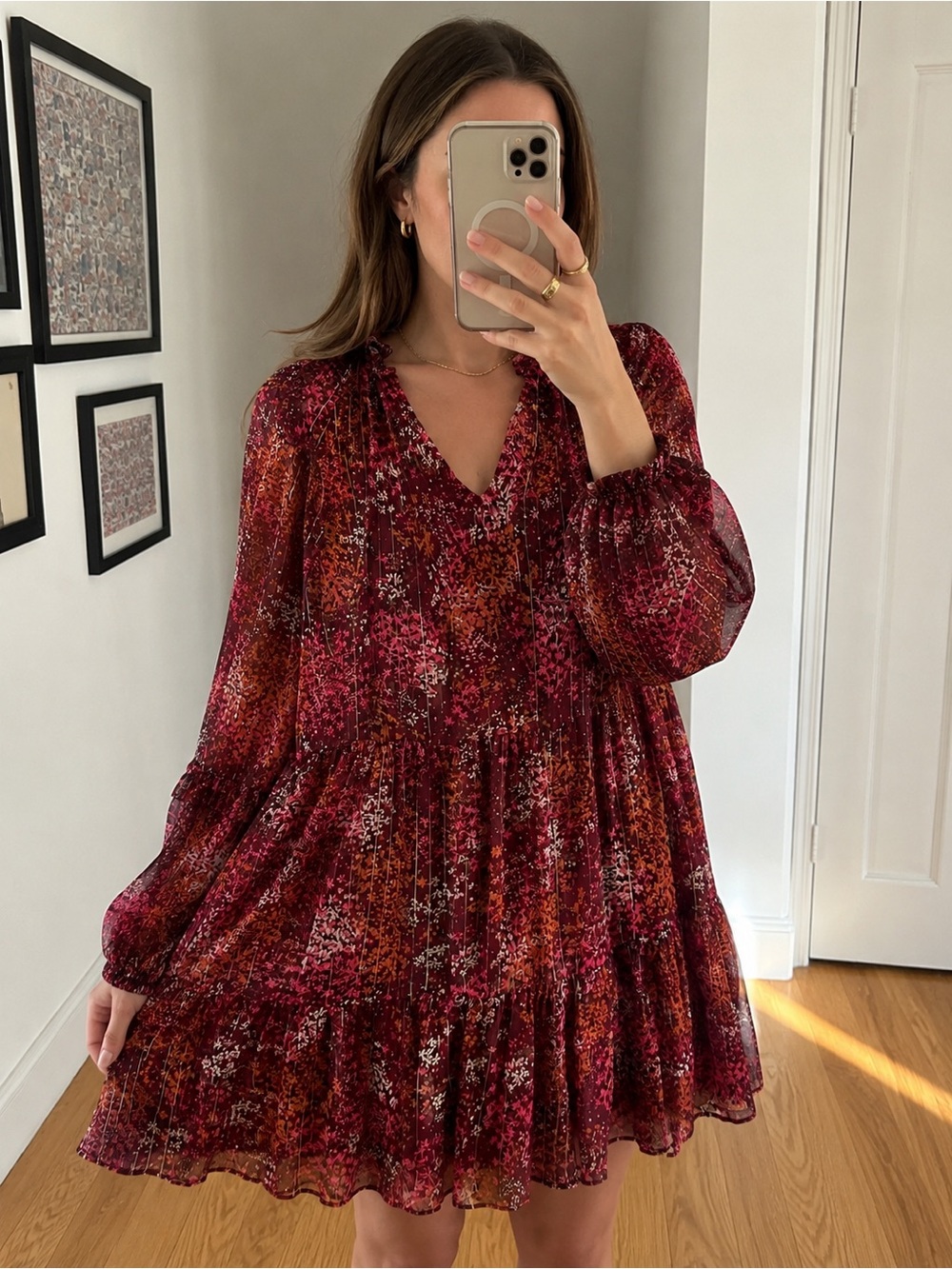 MSK Floral Tiered Mini Dress Size Medium Sheer Sleeves Boho Romantic
